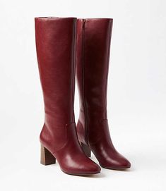 Tall and sleek with a chic yet walkable heel, these boots instantly pull outfits together with impeccable (and effortless) polish. Padded footbed for comfort. 2 3/4" heel.,Imported:Imported Loft Heeled Tall Boots Size 8 Oxblood Women's by Loft Size Regular - 8 Oxblood Women's Shoes, Boots, Footwear Burgundy Tall Boots, Knee High Fall Boots, Narrow Calf Boots Woman Slim Calves, Red Boots Fall, Burgundy Leather Boots, Dark Red Boots Outfit, Outfit With Red Boots, Maroon Boots Outfit, Womens Boots For Fall