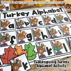 thanksgiving turkey themed alphabet game for kids to practice letter recognition and matching with other activities