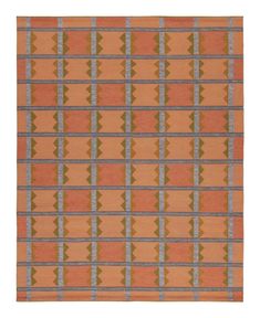 an orange and grey rug with geometric designs on the front, in various colors and sizes