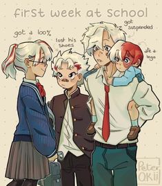 three people standing next to each other with the caption first week at school