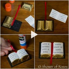 four pictures showing different ways to make valentine's day cards with chocolate bars and candy bar wrappers