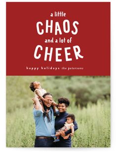 a red and white holiday card with the words, a little chaos and a lot of cheer