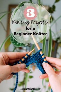 two hands holding knitting needles with text overlay that reads, 3 knitting projects for a beginner knitter