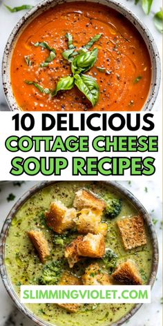 the top 10 delicious cottage cheese soups to make for dinner or dessert with fresh basil leaves on top