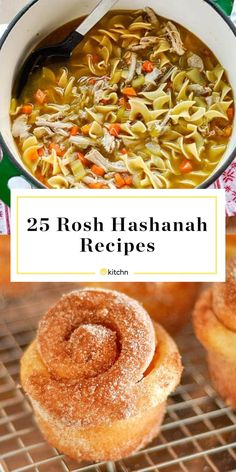 two images with the words rosh hashahh recipes in front of some donuts