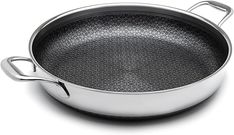 a stainless steel frying pan on a white background with the lid open and handle extended