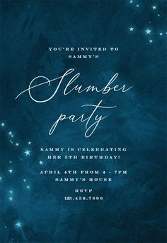 a blue and white party card with stars in the sky, on top of a black background