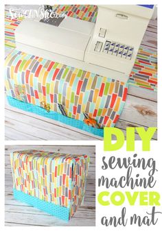 the sewing machine cover and mat is made with colorful fabric, which looks like it has been