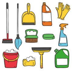 various household cleaning products and tools