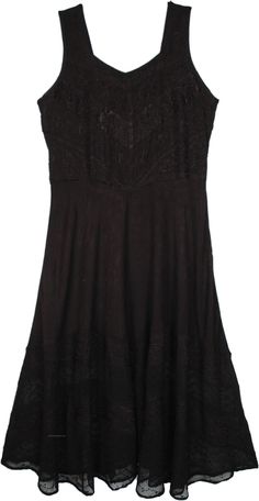 A statement black dress in large sizes - graceful enough to turn heads! With embroidery all over, it looks very intricately feminine.  It has a smocked back with a tie belt for comfort. #tlb #Sleeveless #Embroidered #XLPlus #PljusSizeWesternDress Elegant Stretch Dress With Smocked Back, Black Stretch Dress With Smocked Back, Elegant Black Flowy Mini Dress, Black Dress With Smocked Back For Night Out, Sheer Embroidered Dress, Lil Black Dress, Alt Outfits, Hippie Dress, Western Dress