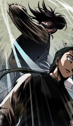 two anime characters one with long hair and the other with black hair, are facing each other