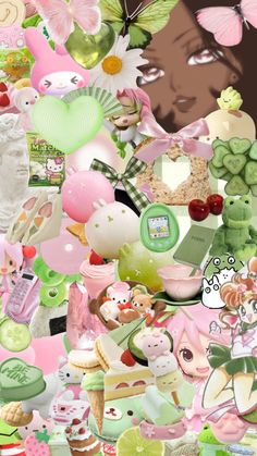 the collage is full of many different items and colors, including teddy bears, flowers,