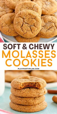 soft and chewy molassses cookies stacked on top of each other with the title above it