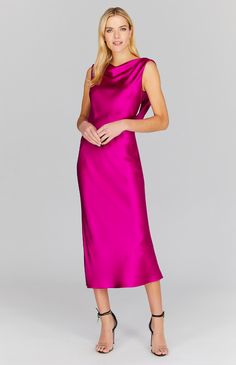 Our signature bias cut silhouette, updated with a gracefully draped front and low back detail. Cut in a flattering midi length with a clean baby hem finish. This dress is unlined and needs no closures thanks to the nature of bias cut fabric. Fitted Sheath Midi Dress With Bias Cut, Knee-length Bias Cut Dress For Date Night, Bias Cut Knee-length Dress For Date Night, Fitted Satin Midi Dress With Cowl Back, Fitted Midi Slip Dress With Ruched Back, Spring Bias Cut Dress With Cowl Back, Satin Midi Dress With Bias Cut And Cowl Back, Sleeveless Satin Midi Dress With Ruched Back, Summer Midi Dress Bias Cut With Cowl Back