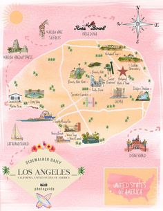 an illustrated map of los angeles, california with all the major attractions and places to see