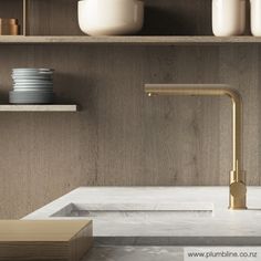 a kitchen sink with gold faucet and white dishes on shelves behind it,