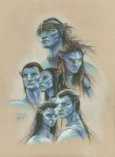 a drawing of avatars with different facial expressions on their faces and body, all in blue