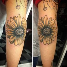 two pictures of sunflowers with hearts on their arms and legs, one has a heart hanging from it's middle arm