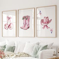 Floral Cowgirl Boots Print Dorm Room Art Decor Set. Thinwood Frames with Mat Over the Couch. Cute Girly Apartment Decor, Wall Decor Coquette, Coquette Boots, Cherry Disco Ball, Cherry Disco, Apartment Wall Decor, Girly Apartment Decor, Information Art, Aesthetic Apartment