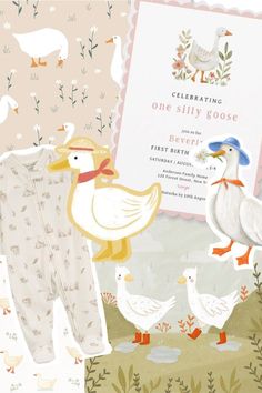 an illustration of ducks and geese in front of a baby's birth announcement card