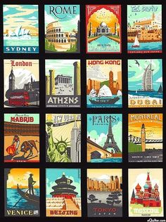 a series of travel posters with famous buildings and landmarks on them, all in different colors