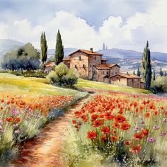 a painting of an italian countryside with poppies in the foreground and houses in the background