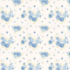 a blue and yellow flower pattern on a white wallpaper with light blue flowers in the background