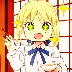 an anime character with green eyes holding a bowl and chopsticks in her hand