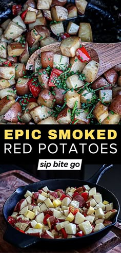 two pictures with different types of food in them and the words epic smoked red potatoes