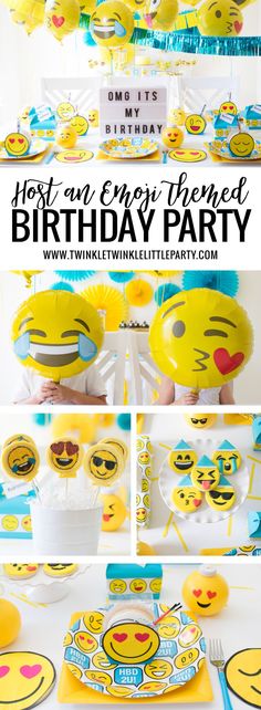 an emo themed birthday party with yellow and blue balloons, plates, napkins and decorations