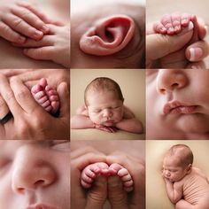 a collage of photos with baby's hands and feet in different positions,