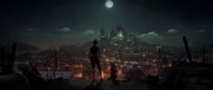 a man standing on top of a roof in front of a city at night with a full moon