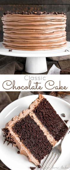 a chocolate cake on a white plate with the words classic chocolate cake in front of it