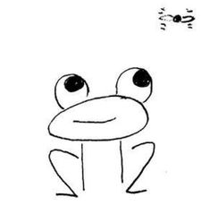 a drawing of a frog with eyes and nose looking up at the camera, while an insect hovers above it