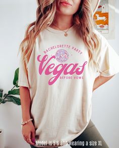 a woman wearing a t - shirt that says bachelor party vegas before wows on it