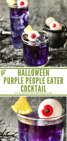 halloween purple people eater cocktail with lemons and eyeballs