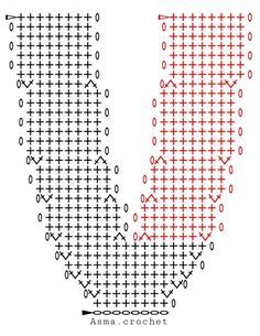 the cross stitch pattern is shown in red and black, with an arrow on it