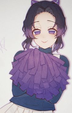 a drawing of a girl with cat ears on her head wearing a purple ruffled dress