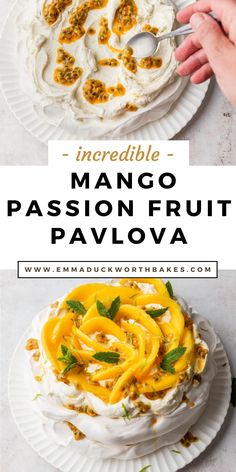 mango passion fruit pavlova on a white plate with the title text overlay