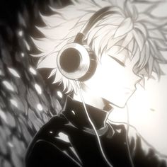 an anime character with headphones on his ears looking to the side in front of a background