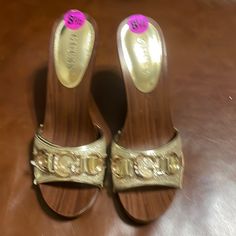 Never Worn. Never Used. Brand New. Elegant Slip-on Heels With Wooden Heel, Elegant Gold Heels With Wooden Heel, Formal Sandals With Wooden Heel And Slip-on Design, Formal Slip-on Sandals With Wooden Heel, Designer Gold Slip-on Heels, Gold High Heels, Guess Heels, Leopard Heels, Black Pumps Heels