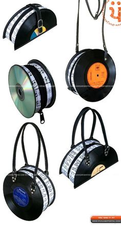 four different types of records hanging from strings