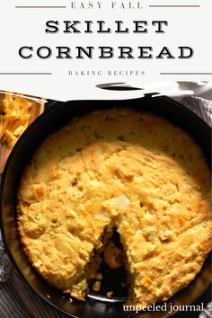 the skillet cornbread is cut in half and ready to be eaten with text overlay