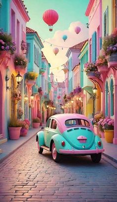 an old car parked on the side of a street in front of colorful buildings with hot air balloons