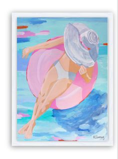 a painting of a woman in a bathing suit and hat on a pink floatie