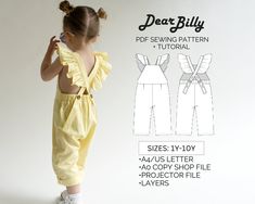 "This is a girls dungaree/overall with ruffle detail and cross back PDF sewing pattern (instant download) with instructions.  \"Forever Favorite\" jumpsuit by DearBillyPatterns.  This is a PDF Sewing Pattern (instant download) in sizes 1Y-2Y-3Y-4Y-5Y-6Y-7Y-8Y-9Y-10Y. All sizes are included in your purchase. This is an intermediate skill level sewing pattern that requires prior sewing experience. If you have any questions while sewing-feel free to email us, we'll be more than happy to walk you th Dungarees Pattern, Dungaree Pattern, Toddler Sewing Patterns, Romper Sewing Pattern, Kids Clothes Patterns, Romper Pattern, Sewing Crafts Tutorials, Diy Fashion Clothing, Jumpsuit Pattern