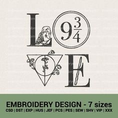 the embroidery design for love is shown in black and white, with an image of a bird