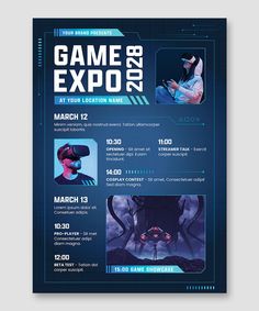 the game expo flyer is designed to look like an advertisement