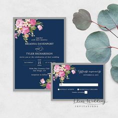 two wedding cards with flowers and leaves on them, next to a blue envelope that says save the date