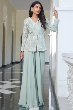 Indowestern Pant Outfits, Sarara Suit Designs Latest, Sharara With Jacket, Mint Green Sharara, Organza Gharara, Peplum Sharara, Chiffon Sharara, Trending Maxi Dresses, Green Sharara